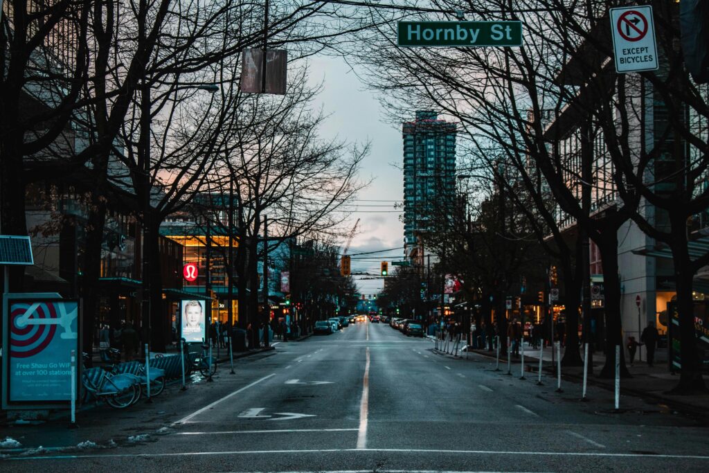 evening view of Robson Street in Vancouver in winter